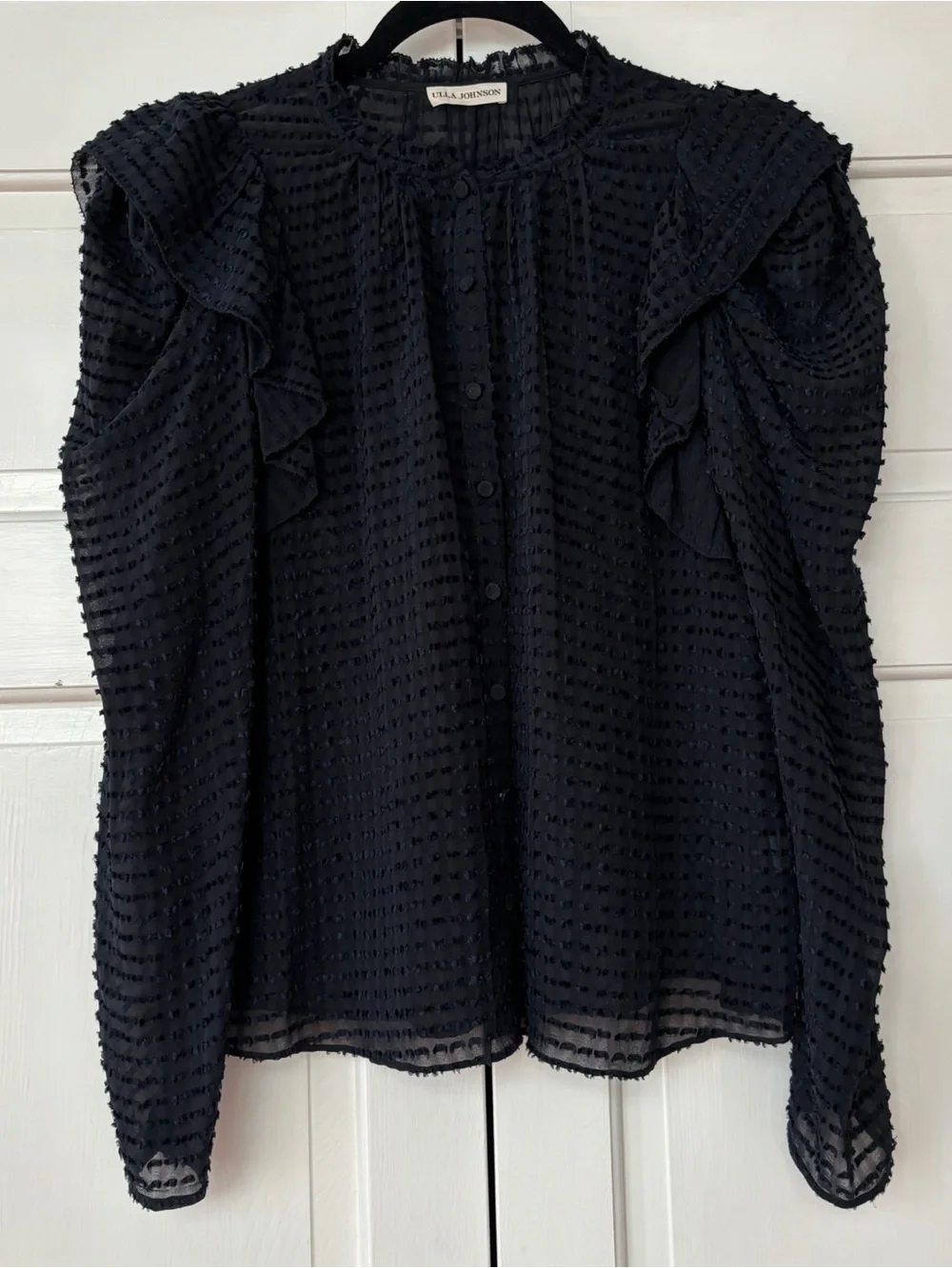 Ulla Johnson Fiona‎ Blouse Noir Navy Black Swiss Dot Silk Puff Sleeve Top Size 2